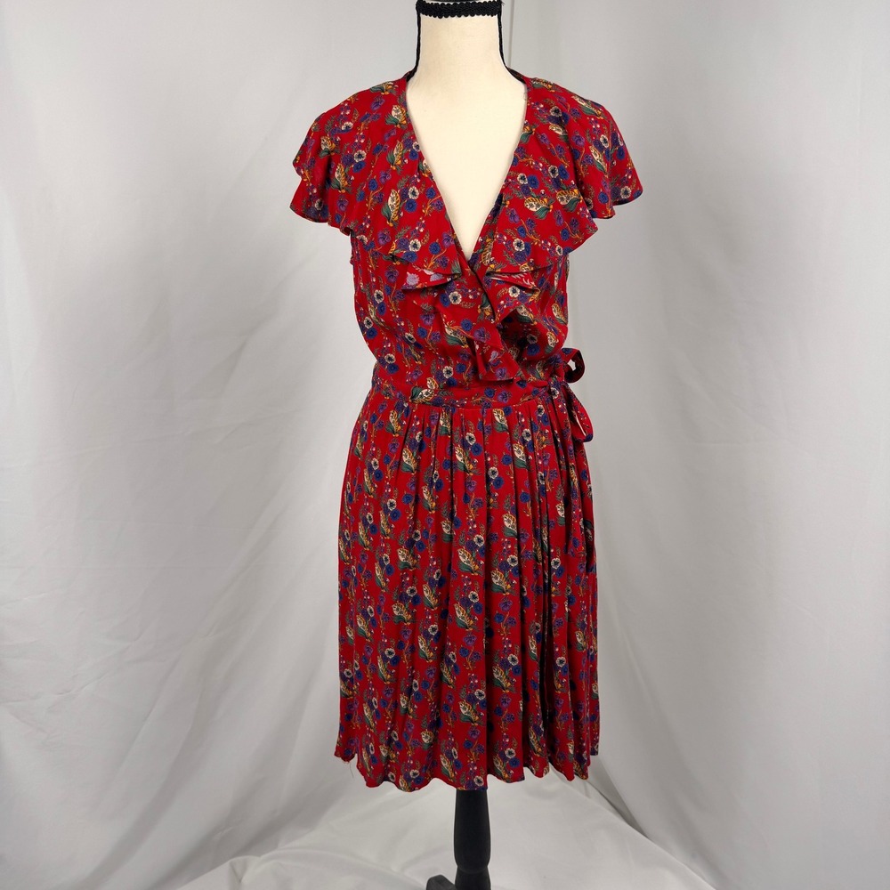 Maeve Anthropologie Floral Wrap Dress Womens 6 Red Ruffle High Low Boho